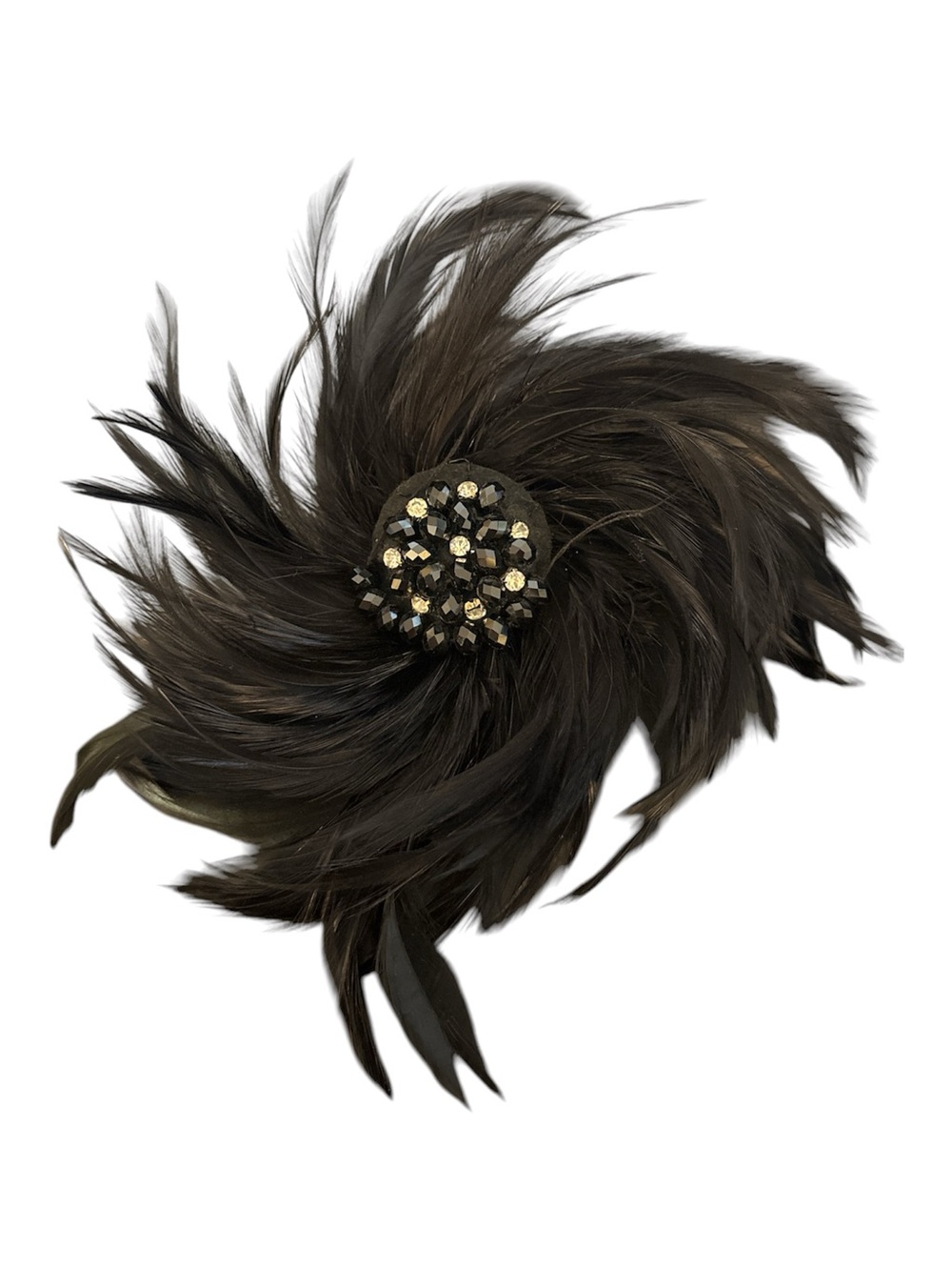 Black Ostrich Feather Hair Clip or Brooch with Rhinestone Cluster has callouts
